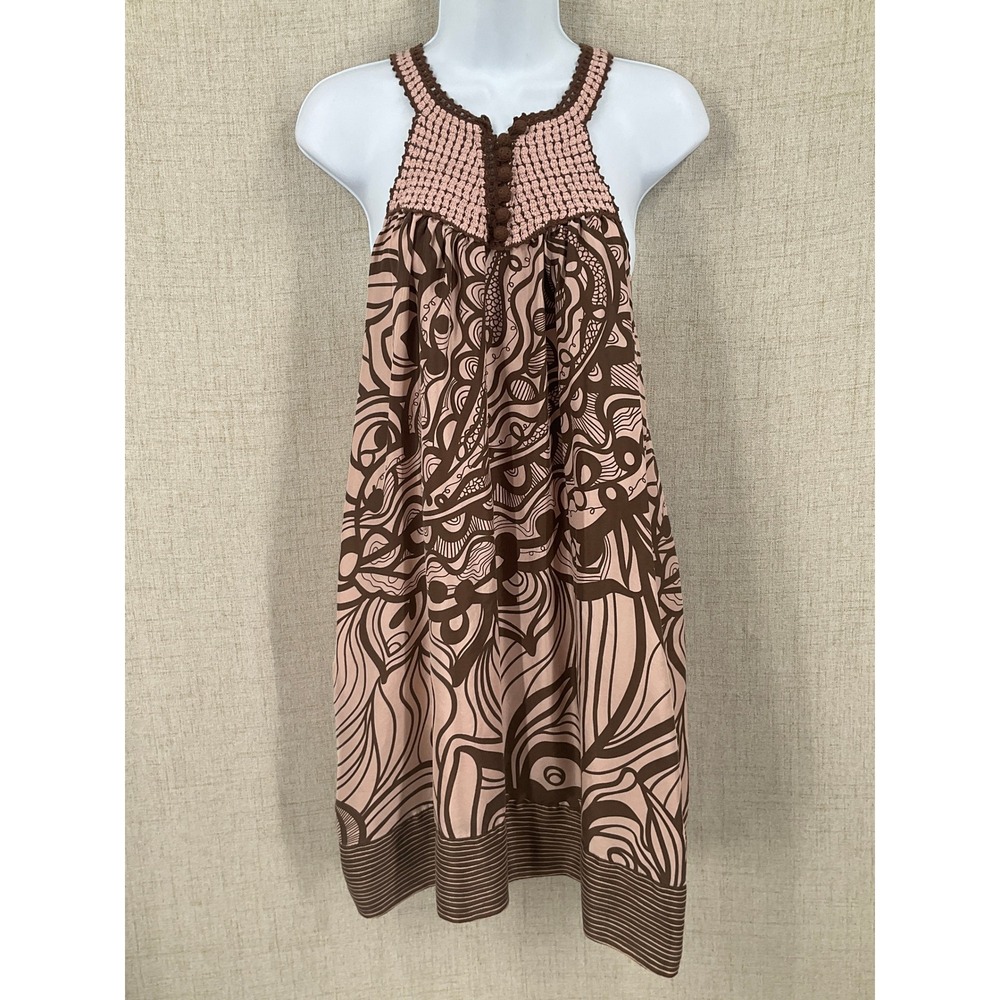 BCBGMAXAZRIA Mini Dress Women S Brown Pink‎ 100% Silk Boho Y2K Crochet Halter